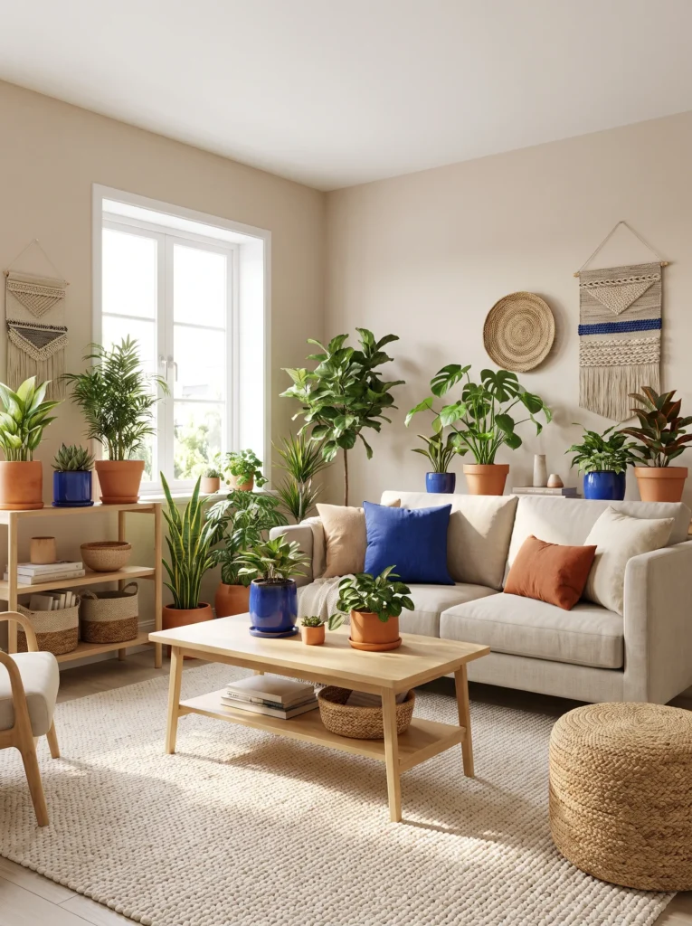 Plants in blue or terracotta pots
