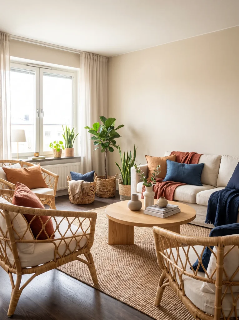 Rattan and wood furniture with orange and blue cushions
