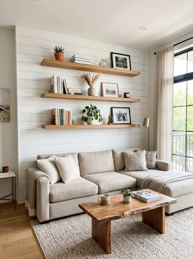 Shiplap paired with floating shelves