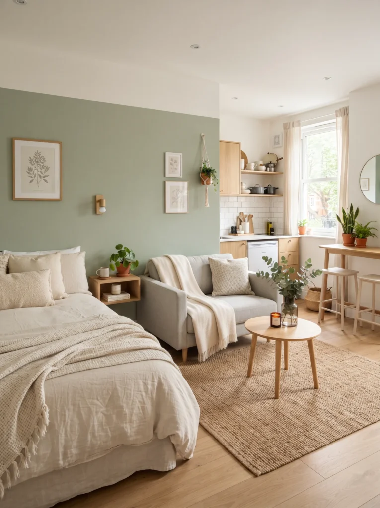 Soft sage green accent wall