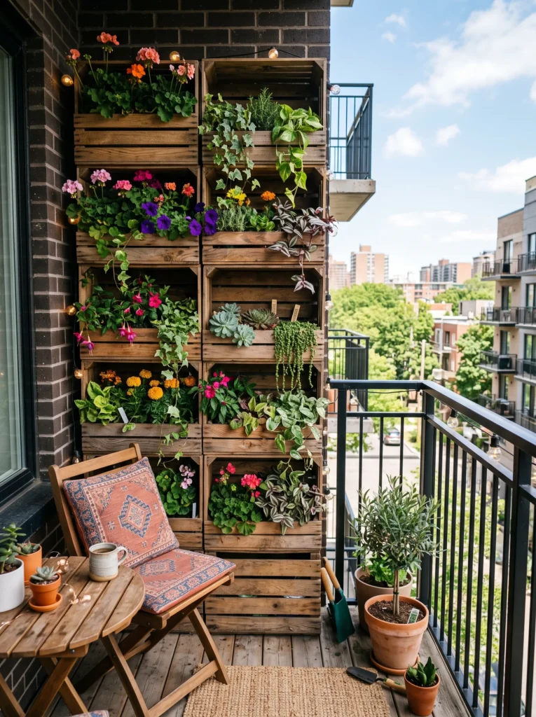 Stacked crate planters as a living wall