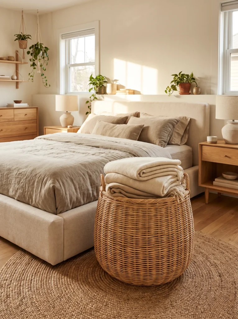 Store blankets in a large wicker basket