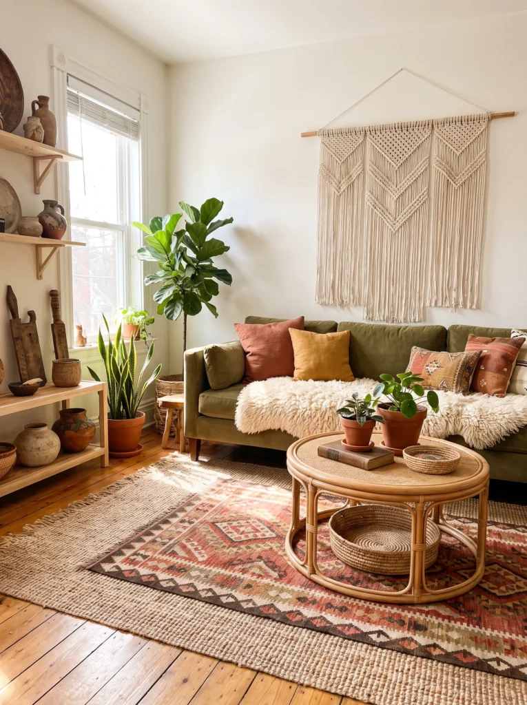 Style a green sofa in a boho living room