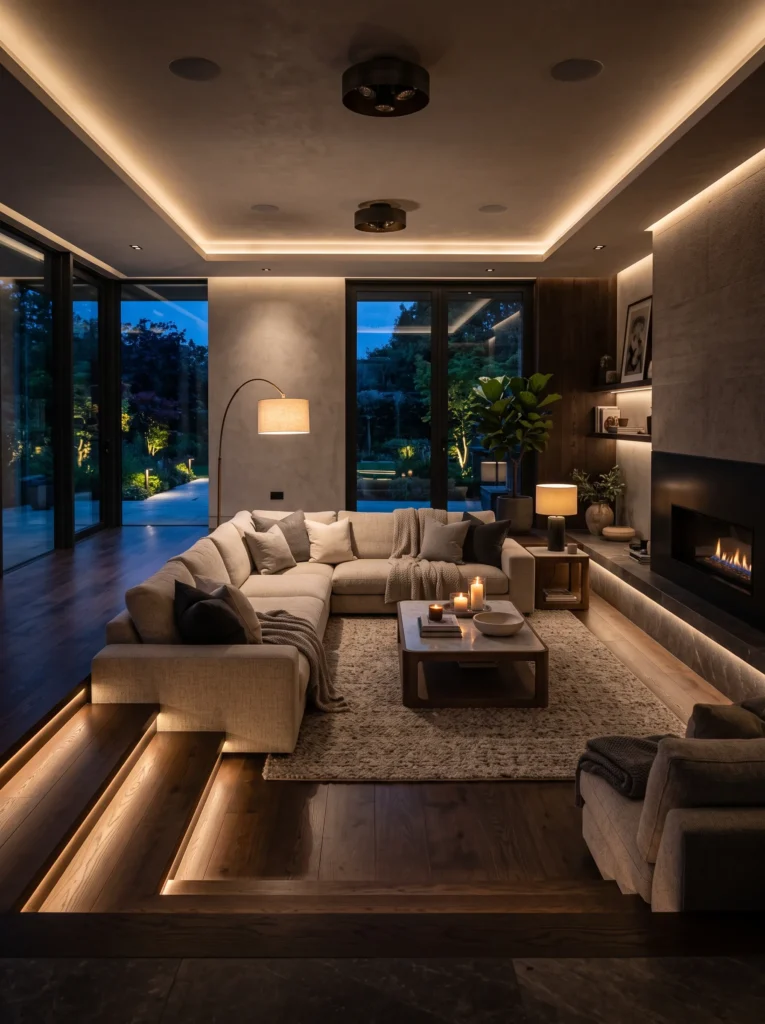 Sunken living room with ambient lighting
