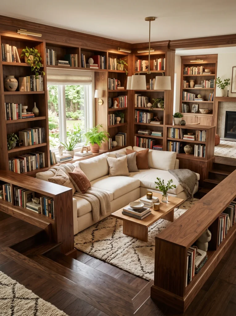 Sunken living room with built in bookshelves