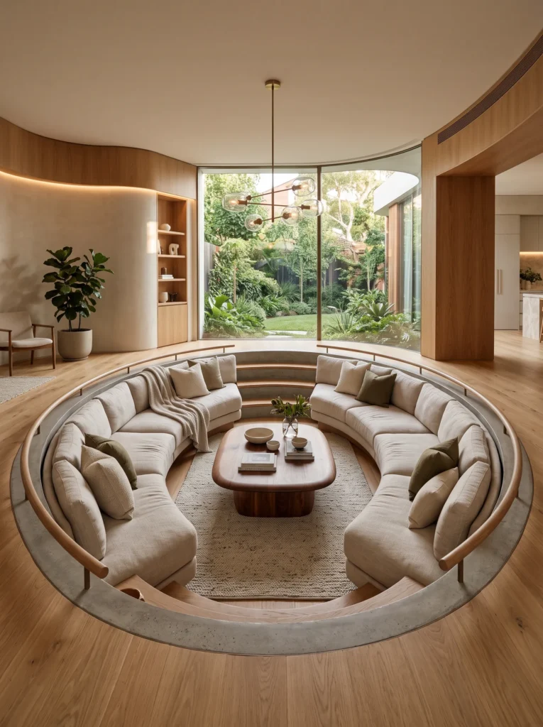 Sunken living room with curved furniture