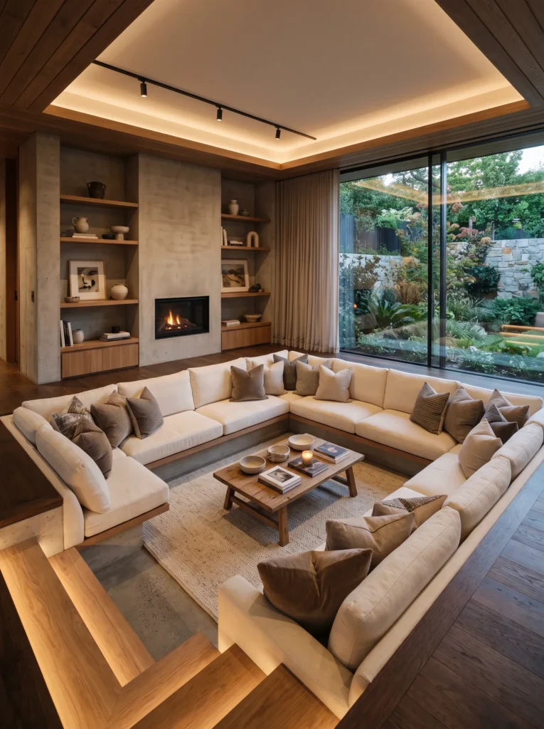 Sunken living room with custom cushioned benches