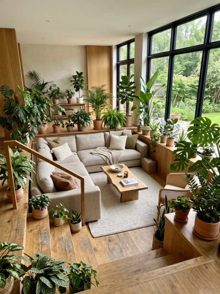Sunken living room with indoor plants
