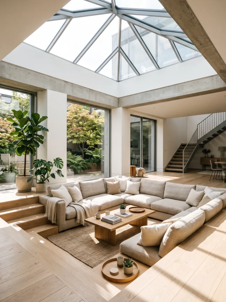 Sunken living room with skylights