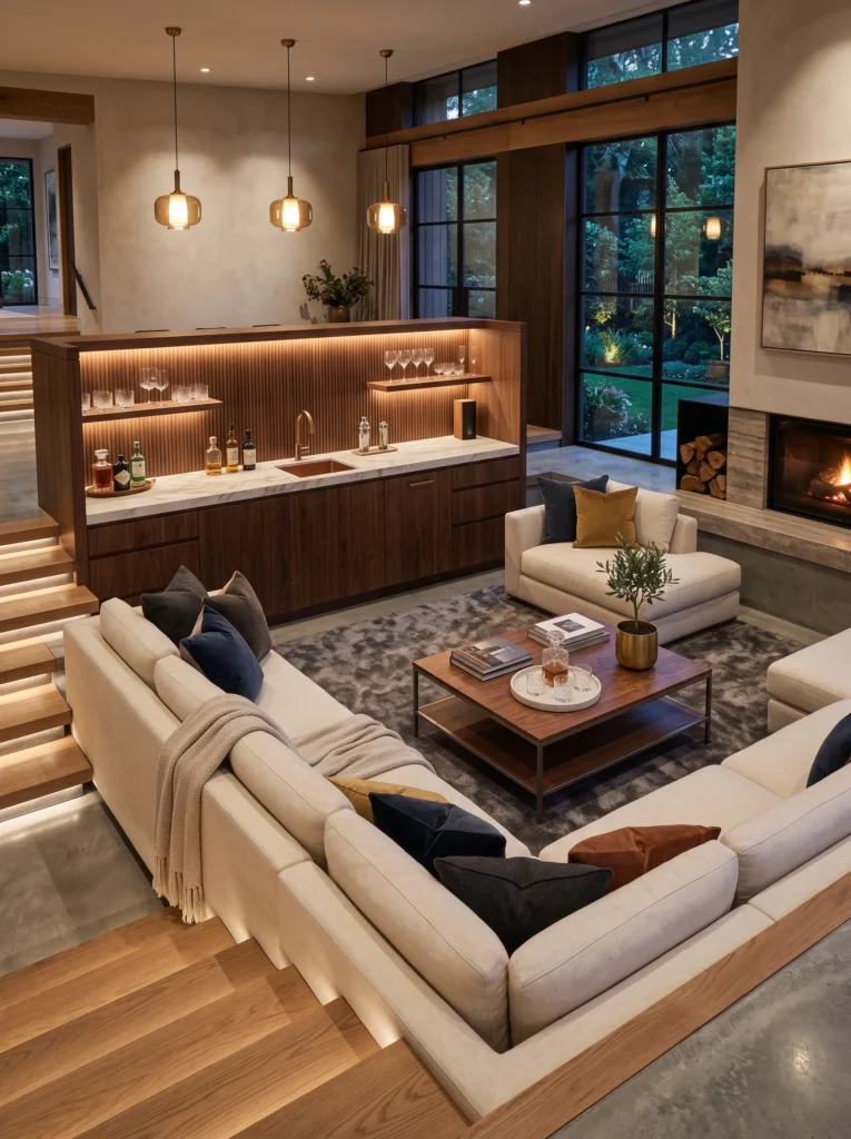 Sunken living room with a built in wet bar