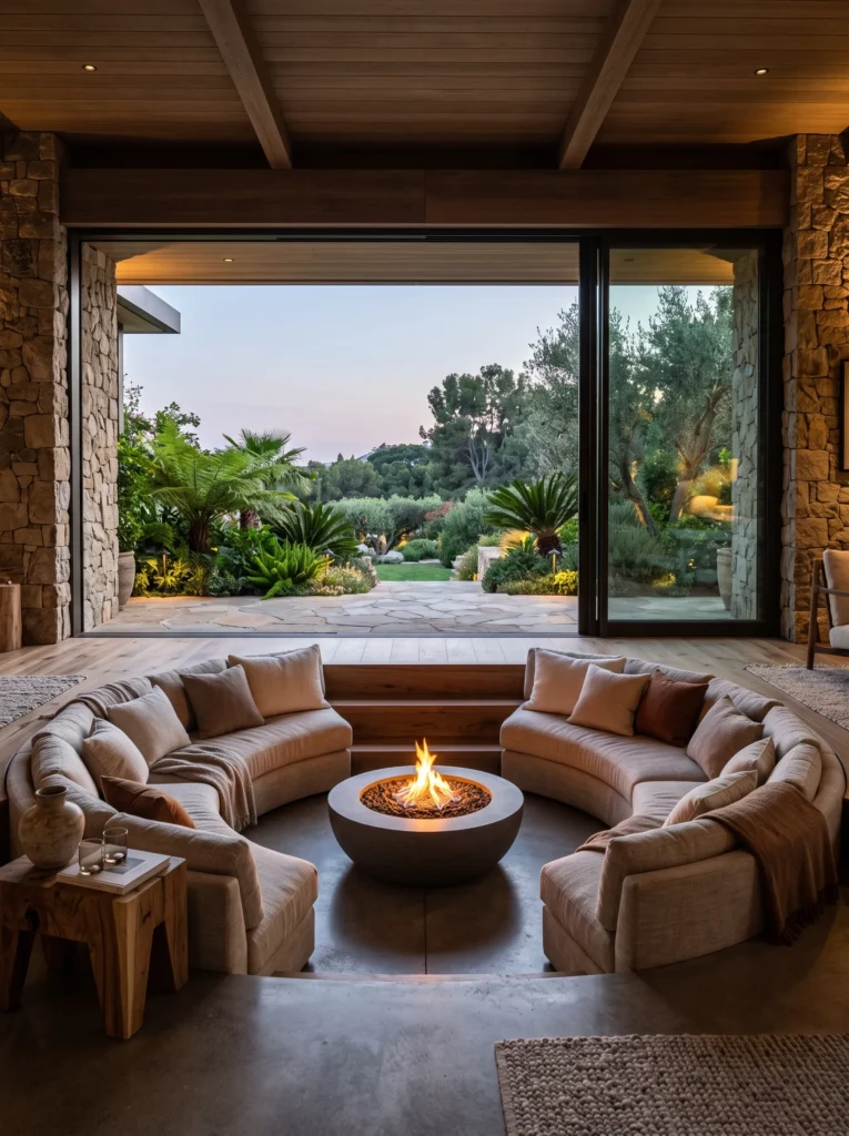 Sunken living room with a central fire pit