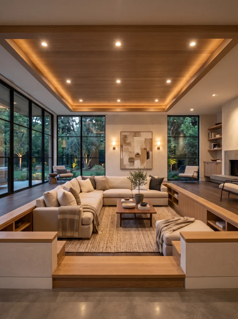 Sunken living room with a dropped ceiling