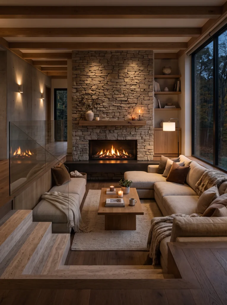 Sunken living room with a fireplace