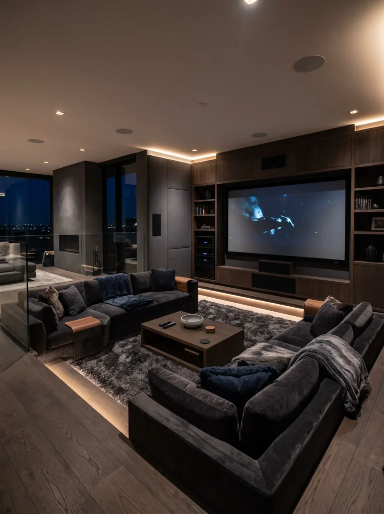 Sunken living room with a media wall