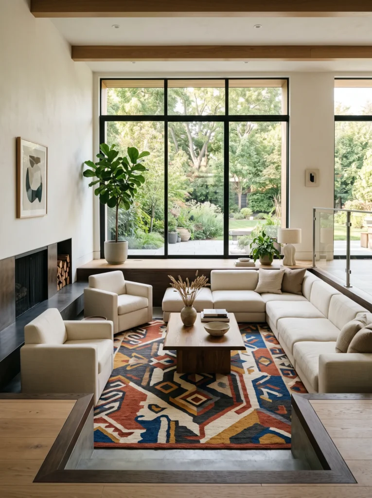Sunken living room with a statement rug
