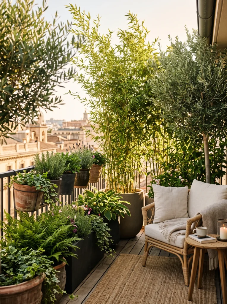Tall potted trees as living screens
