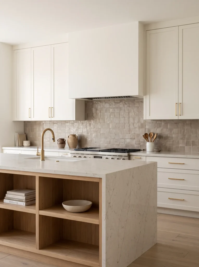 Taupe backsplash instead of the usual white subway tile