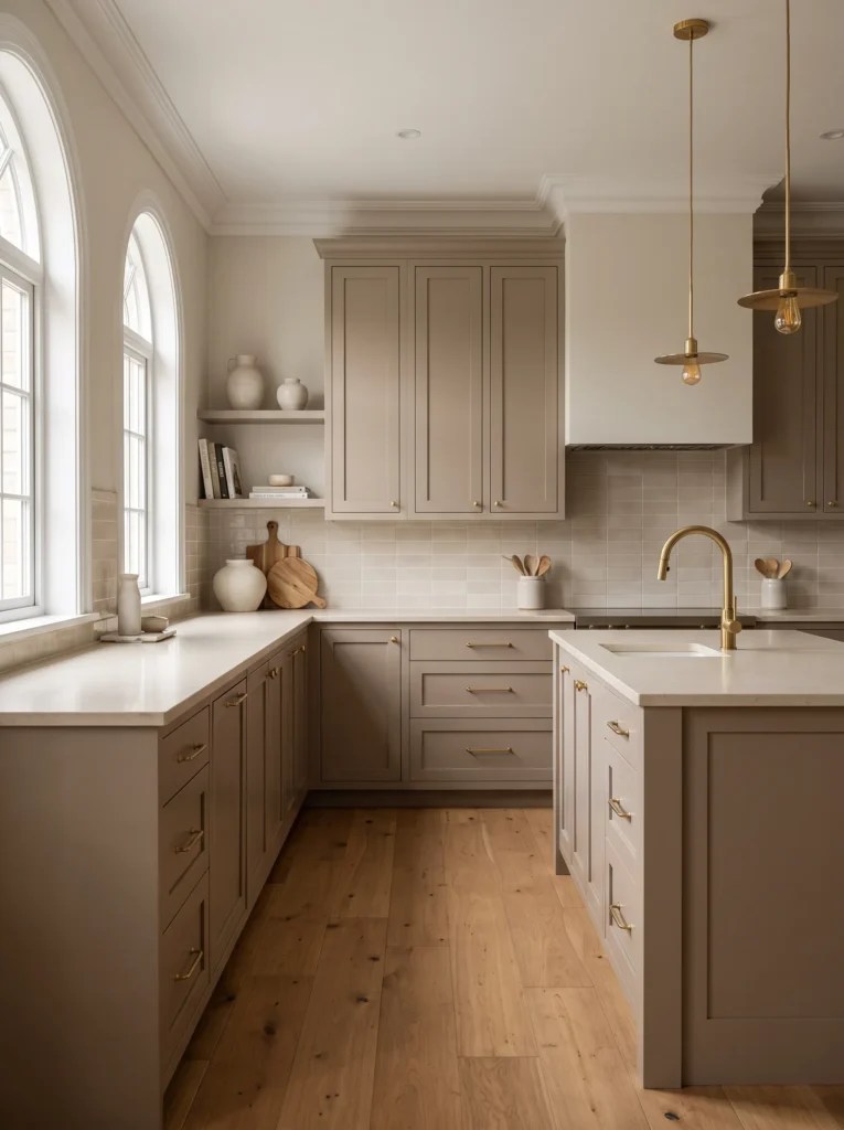 Taupe cabinets with brass hardware