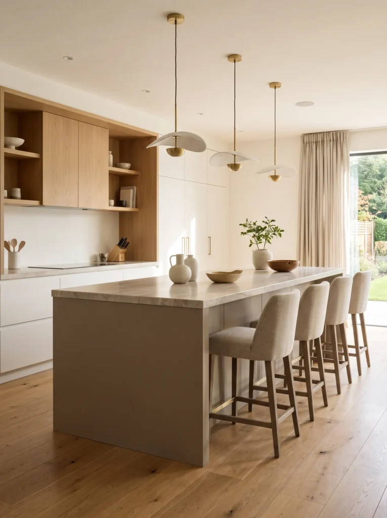 Taupe kitchen island as the star of the room