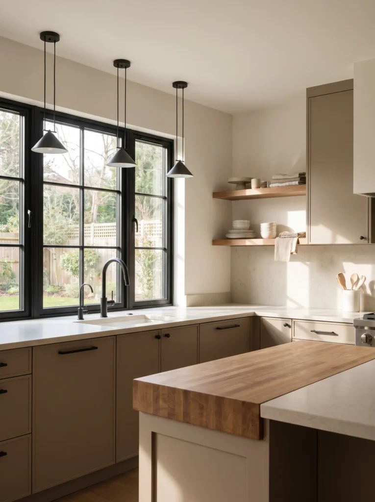 Taupe kitchens with black accents