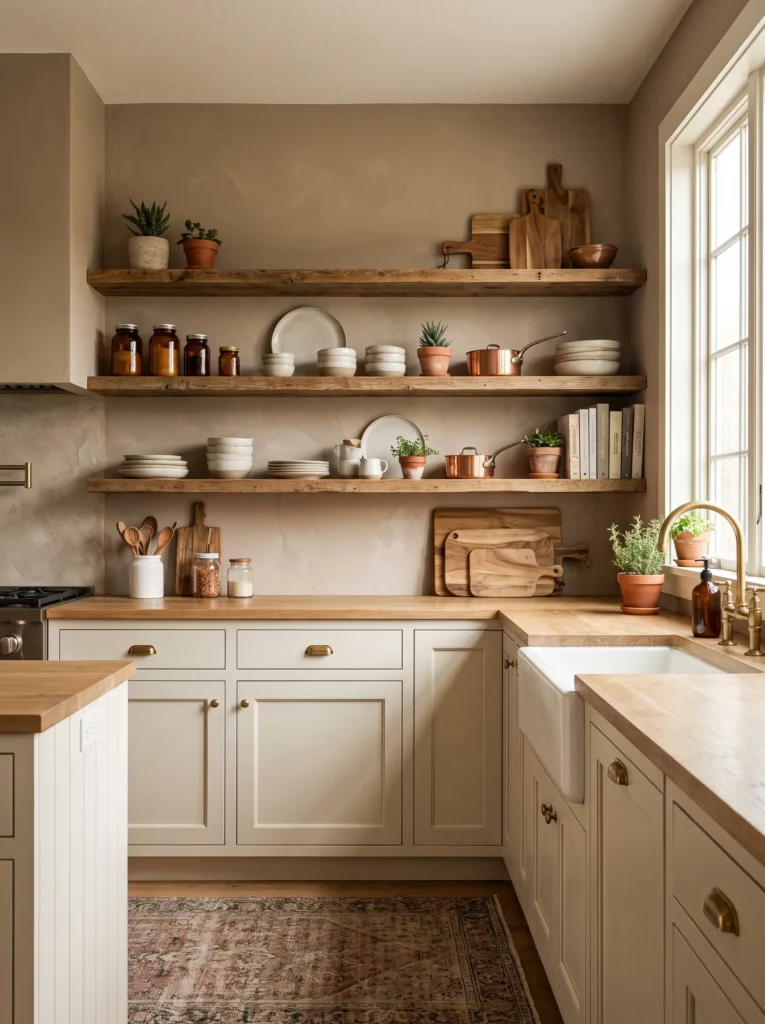 Taupe walls behind open shelving