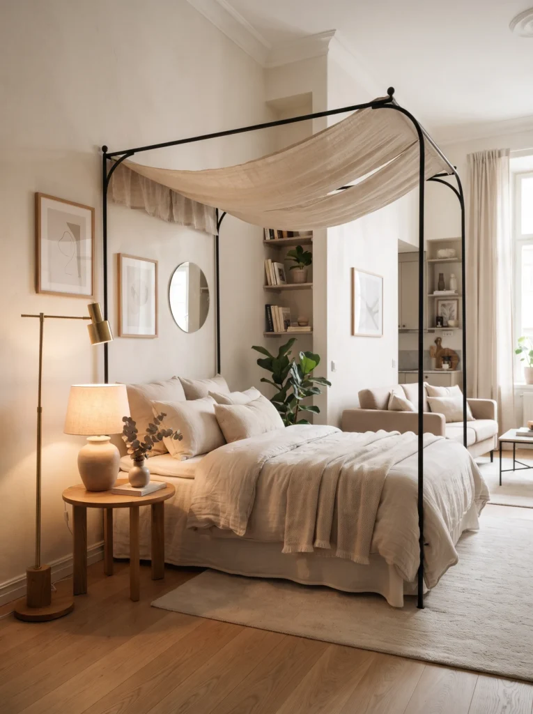The corner bed layout with a canopy feel