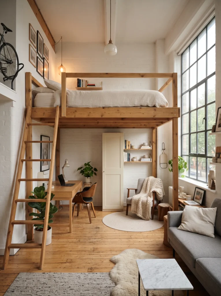 The loft bed layout for high ceiling studios