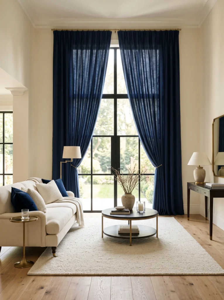 Try navy blue curtains for soft drama