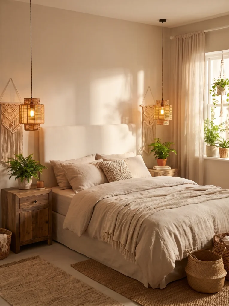 Try wicker ceiling pendants in pairs