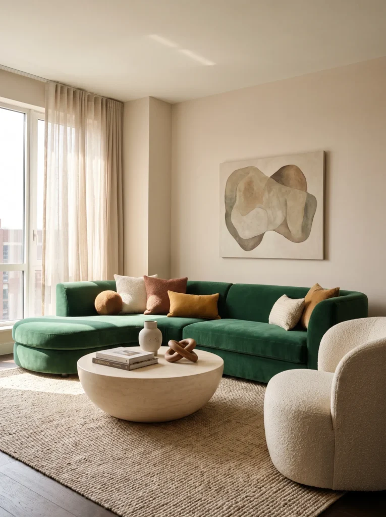 Try a curved or rounded green sofa