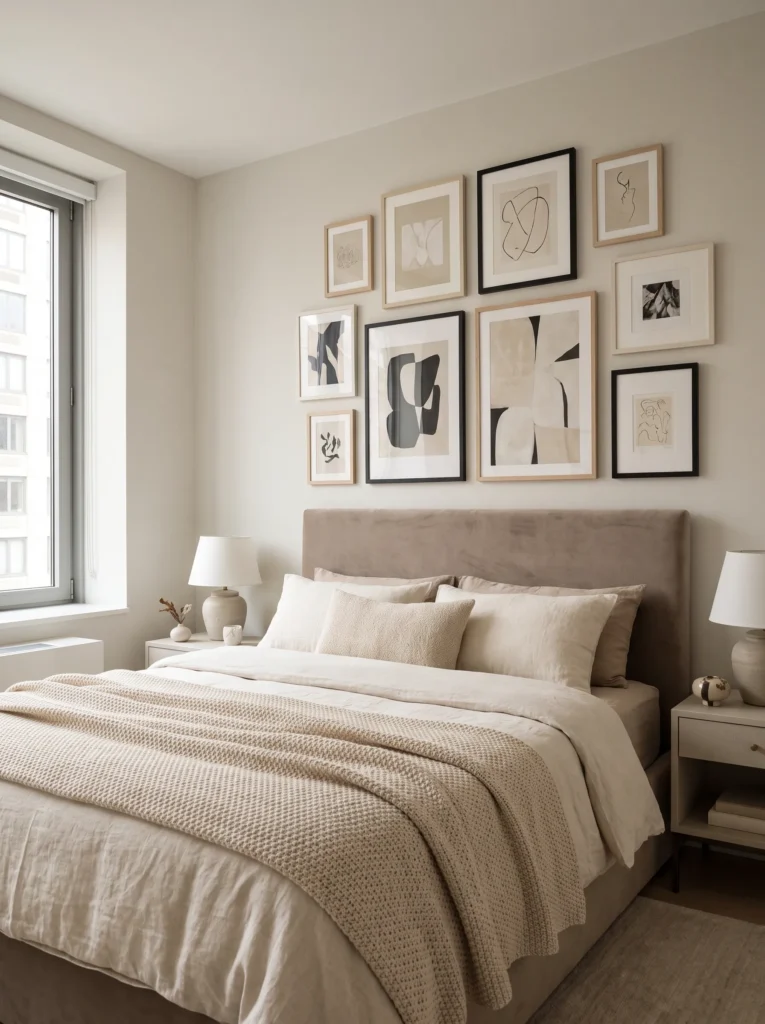 Try a gallery wall above the bed
