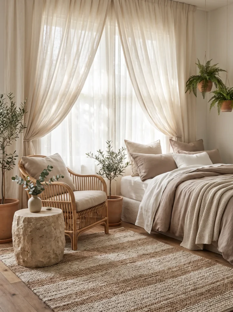 Use natural textures like linen, rattan, and stone