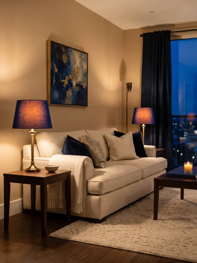 Use navy blue lampshades for ambient light