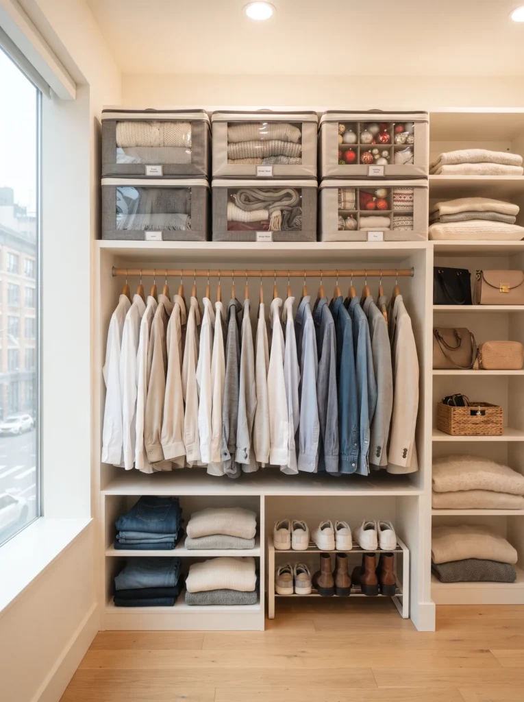 Use stackable bins in closets