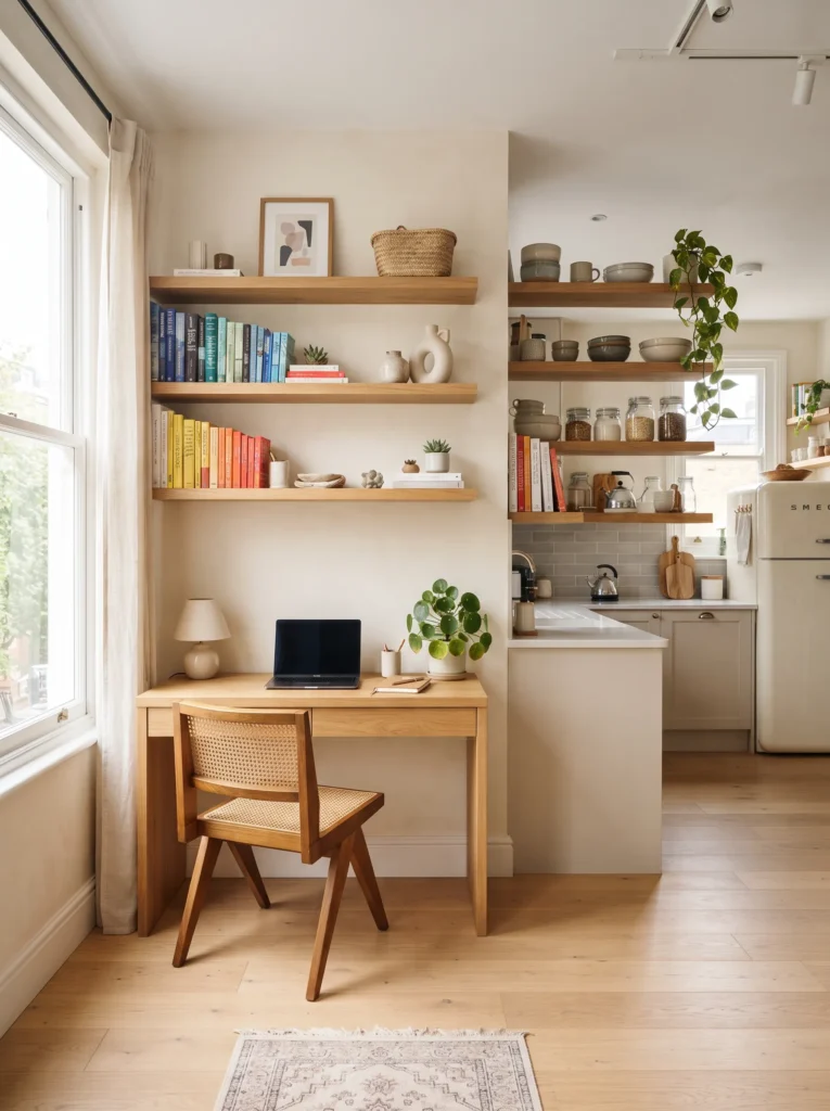 Use vertical space with wall shelves