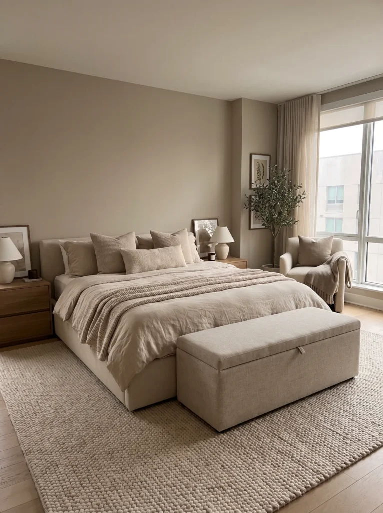 Use a bench or bed storage at the foot of the bed