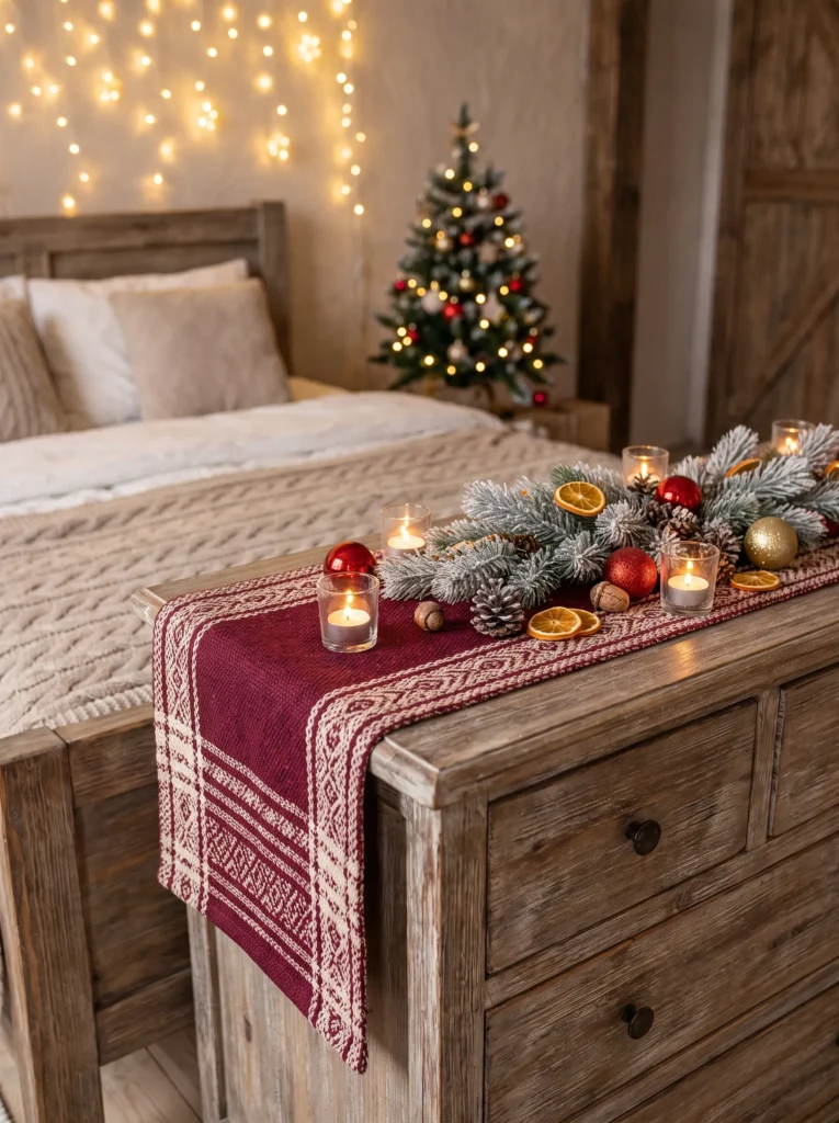 Use a christmas themed table runner on your dresser