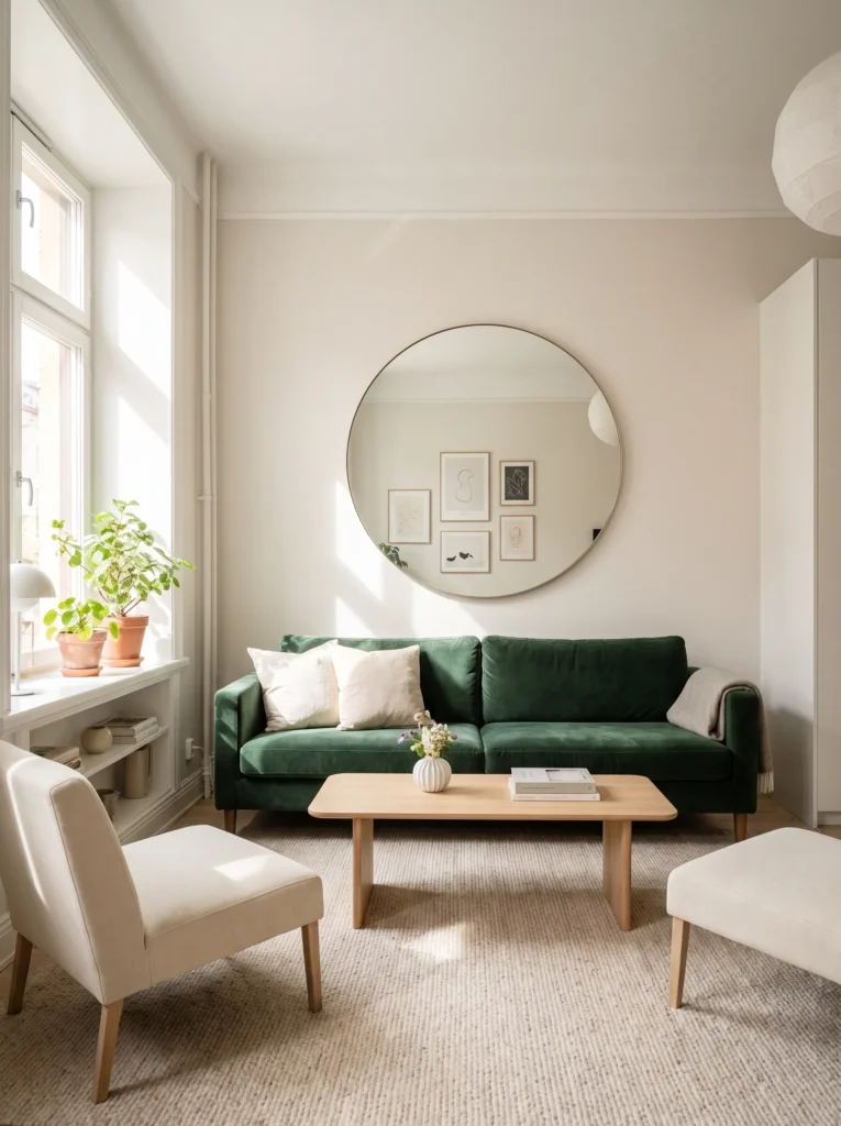 Use a green sofa as an anchor in a small living room