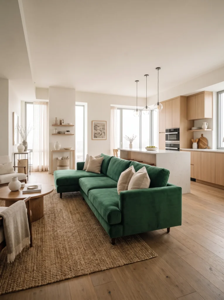Use a green sofa in an open concept space