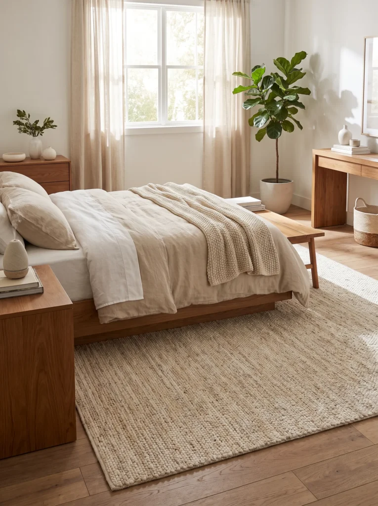 Use a neutral rug to soften the floor