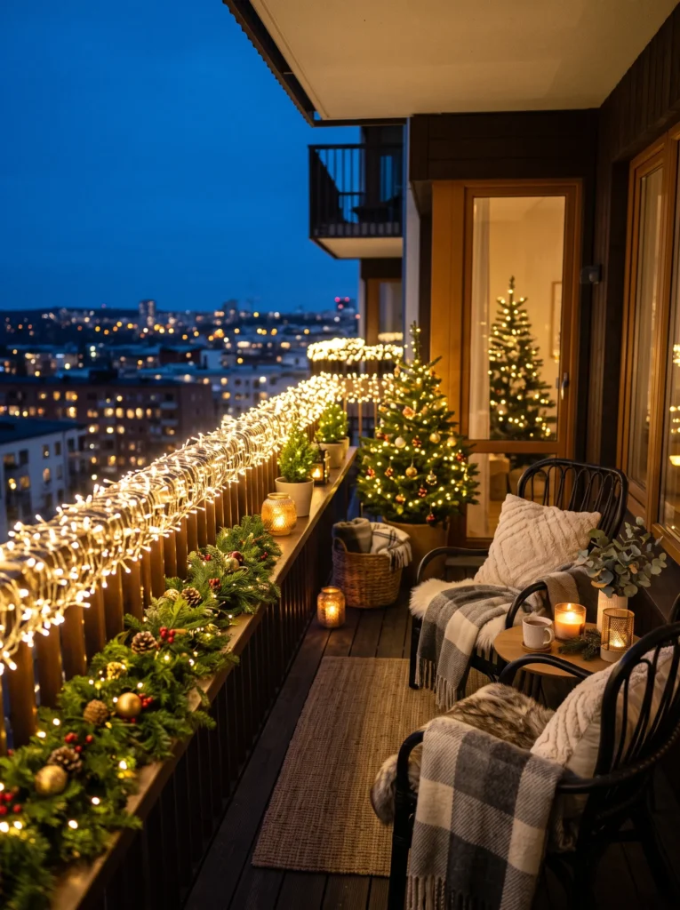 Wrap the railings with warm string lights