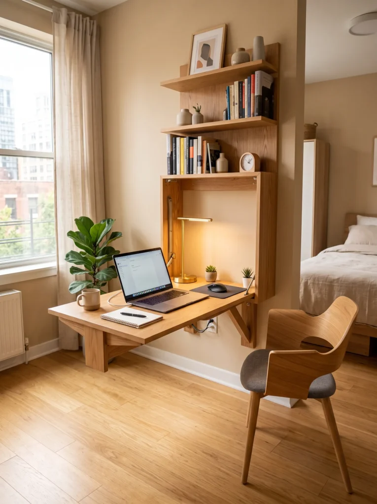 A fold down desk gives you a workspace without losing the room