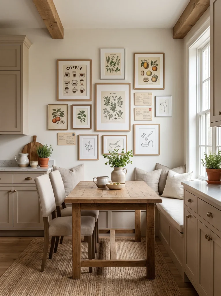 A gallery wall of food themed art