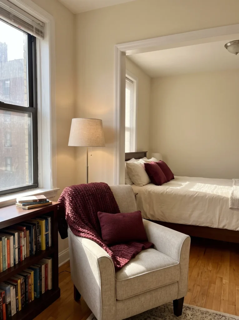 A reading nook with wine red accents