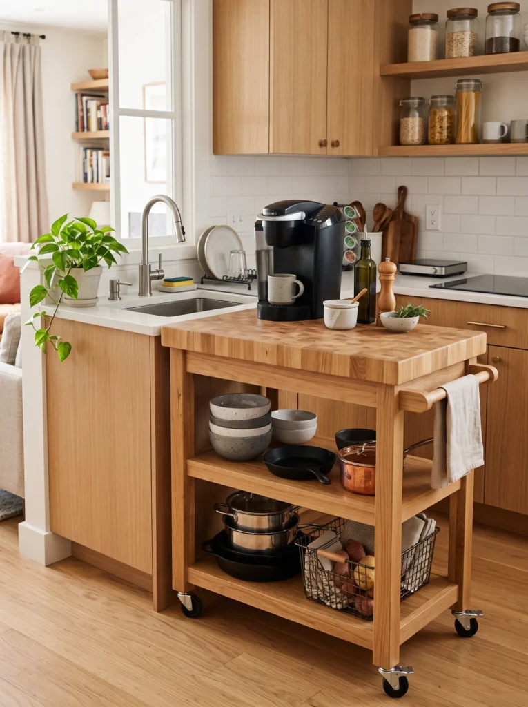 A rolling kitchen cart doubles as counter space and storage