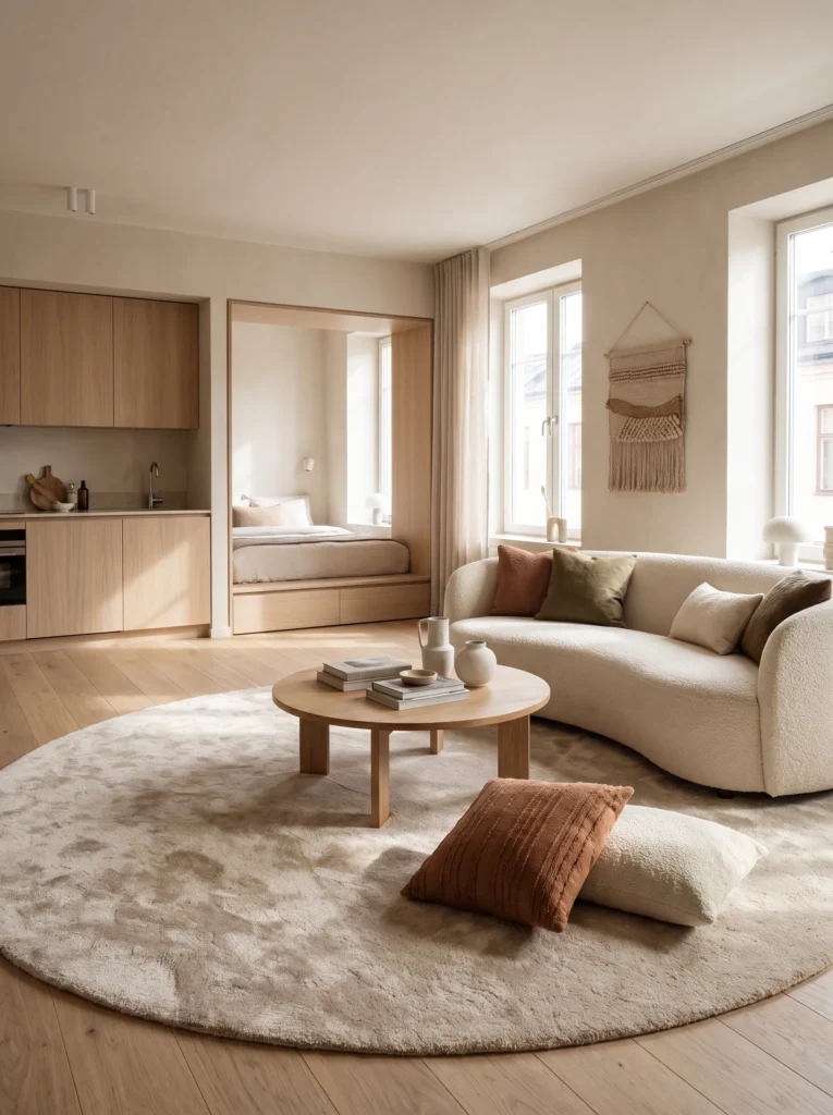 Add a round rug to mark the living area