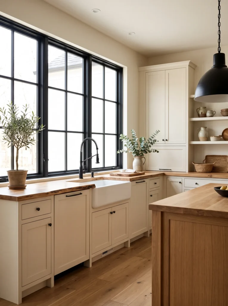 Add black framed windows or a black framed mirror