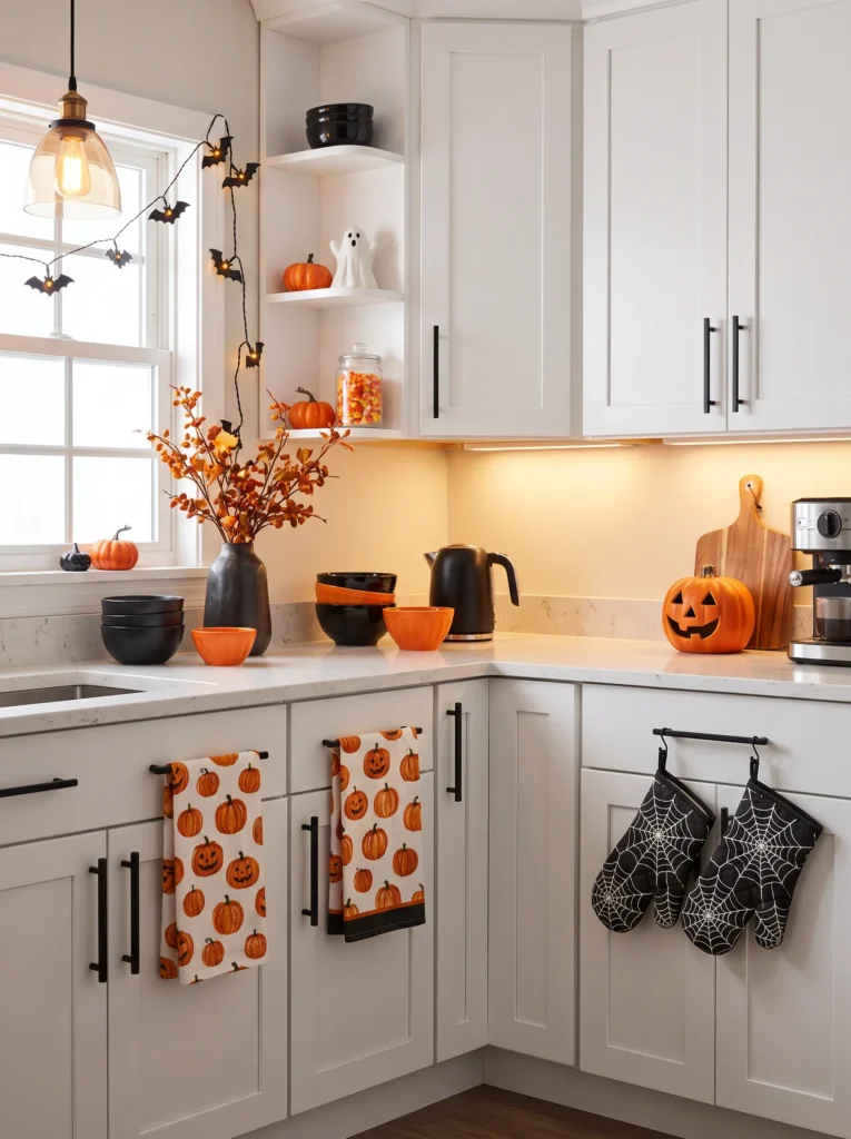 Add halloween print towels and oven mitts