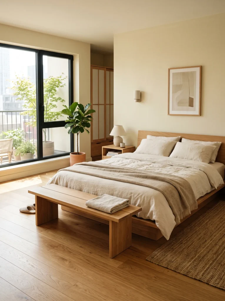 Add a small wooden bench at the foot of the bed