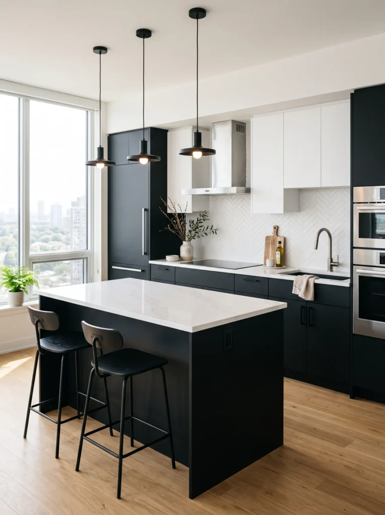 Black cabinets with white countertops